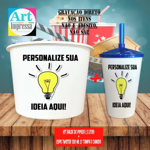 Kit Cinema Lembrancinha Personalizado Balde de Pipoca 1,5L + Copo