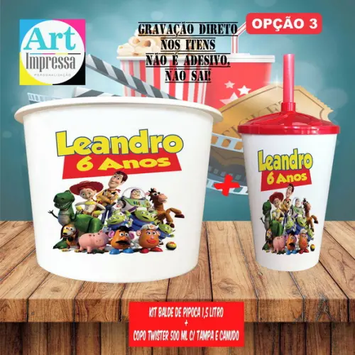 Kit Cinema Lembrancinha Toy Story Balde de Pipoca 1,5L + Copo Twi