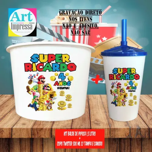 Kit Cinema Lembrancinha Super Mario Balde 1,5L + Copo Twister 500
