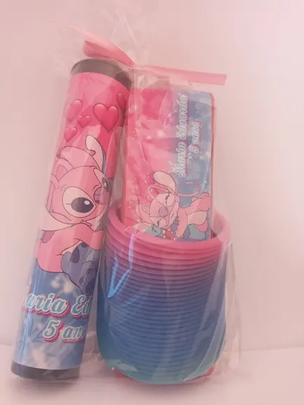 Kit Pega Vareta Dominó e Mola Personalizada Stitch e Angel