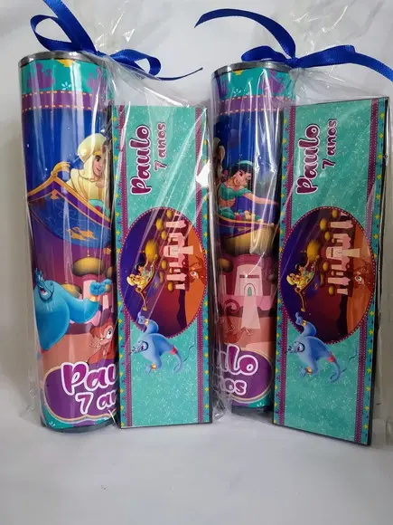 Kit Pega Vareta e Domino Personalizado Aladdin e Jasmine