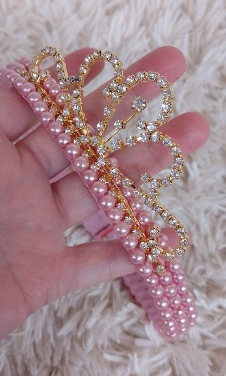 Faixa bordada de perolas com coroa de princesa Dourada