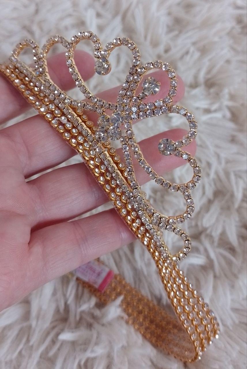 Faixa de luxo em strass com coroa de princesa prata ou dourada