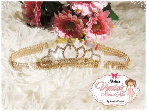 Faixa de luxo em strass com coroa de princesa prata ou dourada