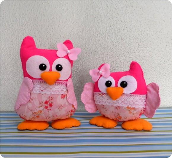 Corujas Pink Baby e Pink Lady em feltro