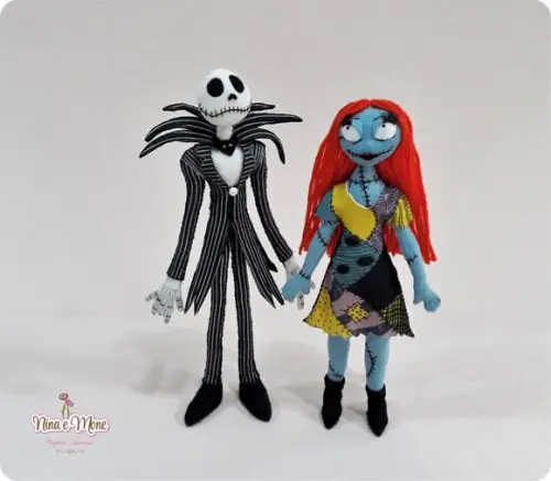 Bonecos Jack Esqueleto e Sally de feltro