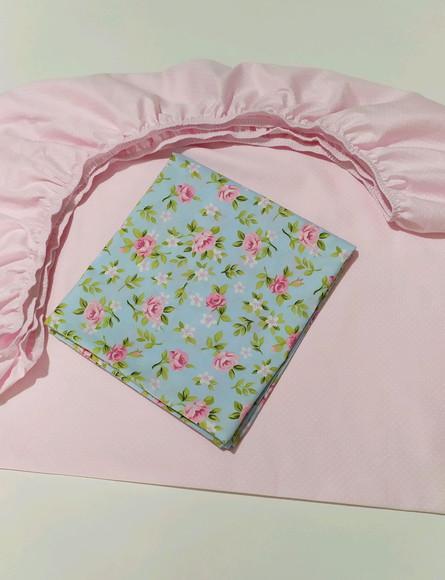 Jogo de lençol poa rosa e floral para mini cama 2 pçs