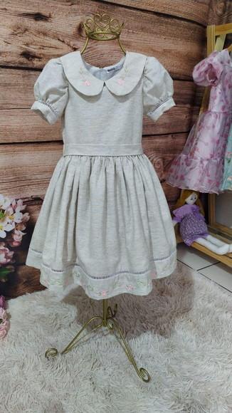 Vestido Infantil Bordado em Linho de Algodao Forrado