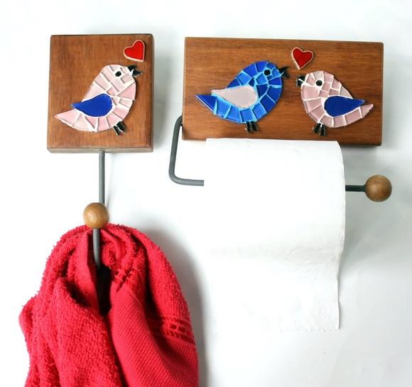 Cabideiro e Porta Papel Higiênico Mosaico Pássaros