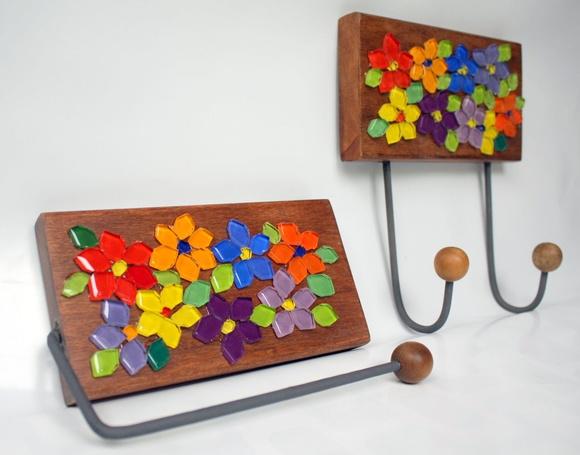 Cabideiro e Porta Papel Mosaico Floral