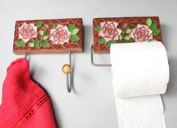 Cabideiro e Porta papel mosaico Rosas