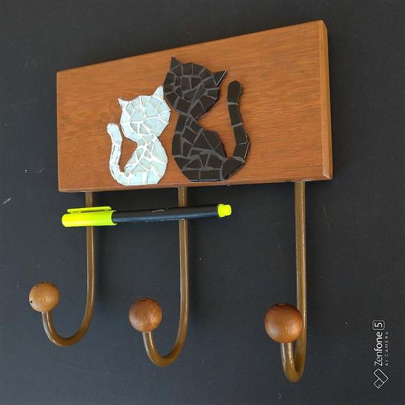 Cabideiro em Mosaico Gatos 3 Ganchos