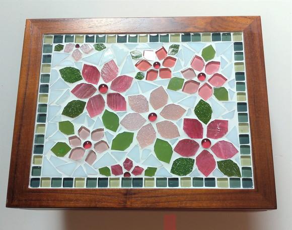 Caixa de Chá ou Multiuso em Mosaico Flores Rosas