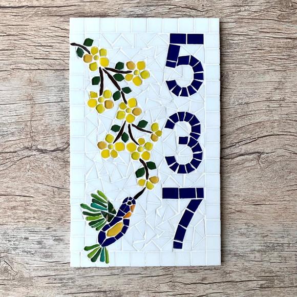 Número para Casa em Mosaico Flores com Beija Flor