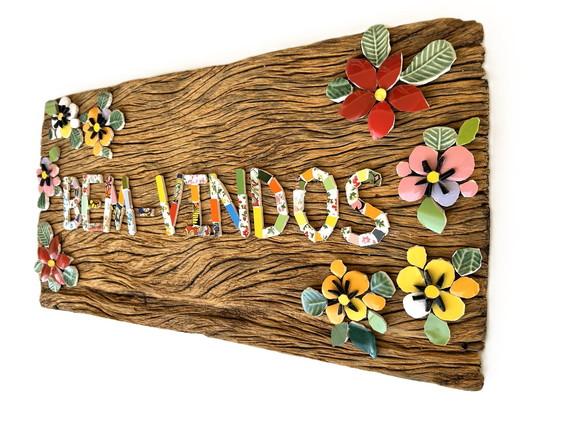Placa Bem-vindos em Mosaico Madeira de Demolição