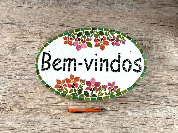 Placa Bem-vindos em Mosaico Orquídeas
