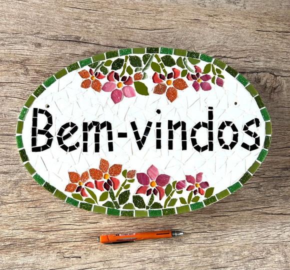 Placa Bem-vindos em Mosaico Orquídeas