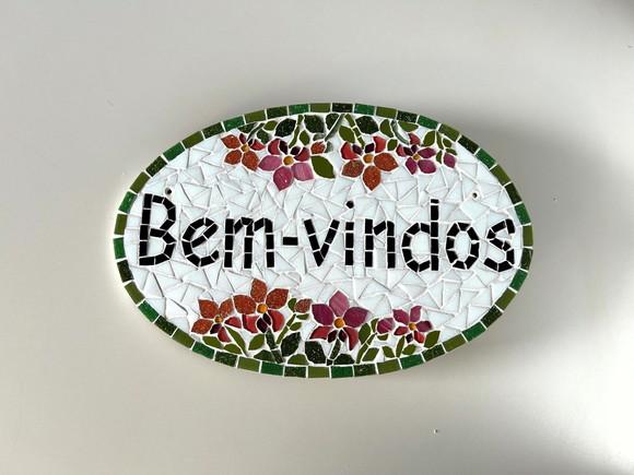 Placa Bem-vindos em Mosaico Orquídeas