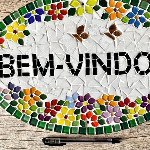 Placa Bem-vindos em Mosaico para Áreas Externas