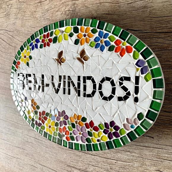 Placa Bem-vindos em Mosaico para Áreas Externas
