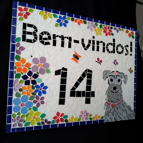 Placa com Número em Mosaico Bem-vindos