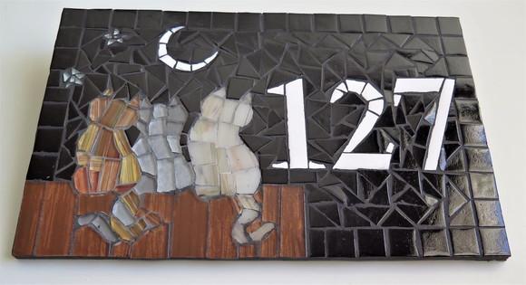 Placa Número para Casa em Mosaico Gatinhos