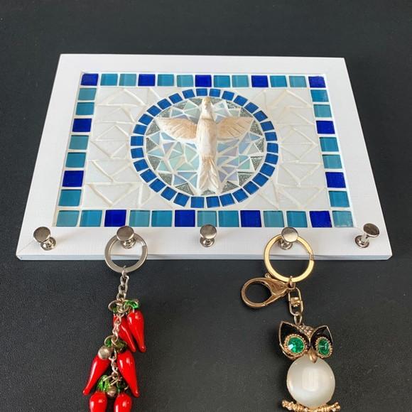 Porta Chaves Mosaico Divino Branco e Azul