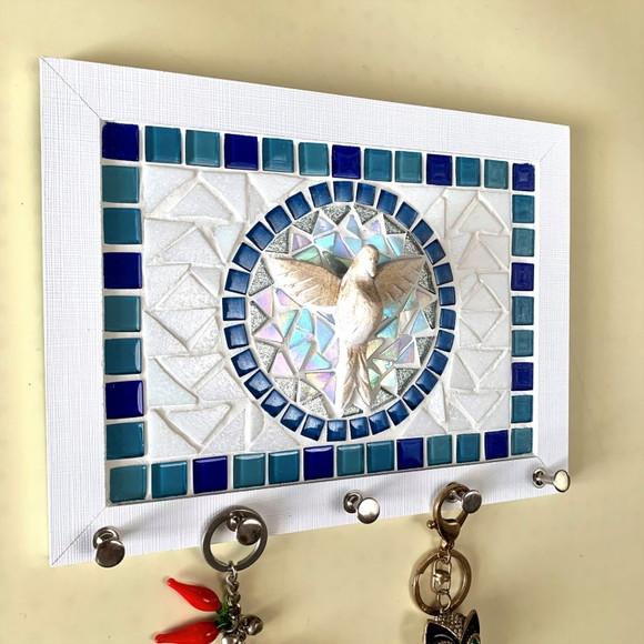 Porta Chaves Mosaico Divino Branco e Azul