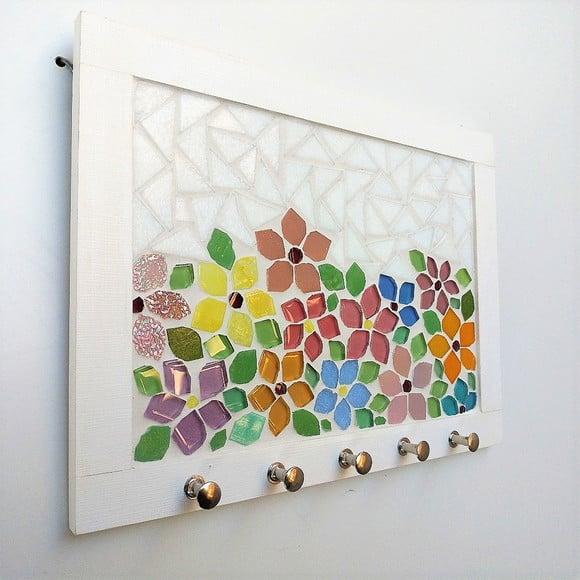 Porta Chaves Mosaico Floral Branco