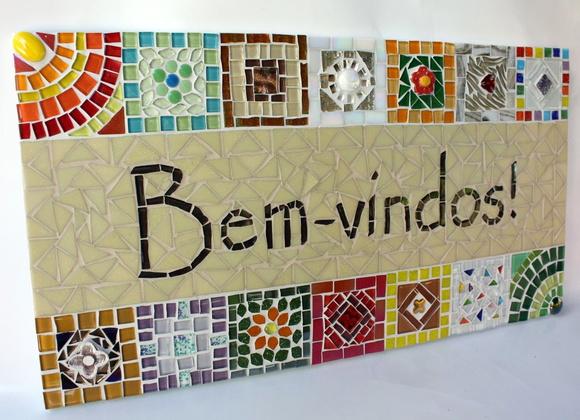 Quadro Bem-vindos em Mosaico Bege