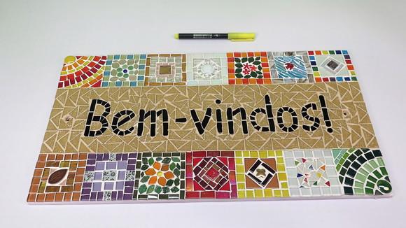 Quadro Bem-vindos em Mosaico Bege Externo