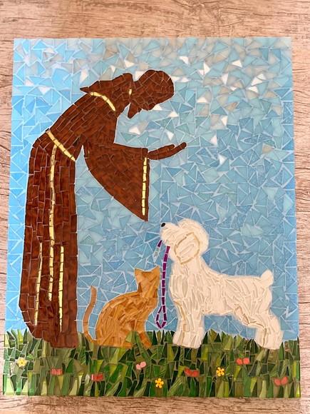 Quadro São Francisco com Cão e Gato em Mosaico