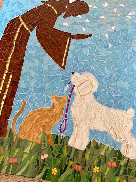 Quadro São Francisco com Cão e Gato em Mosaico
