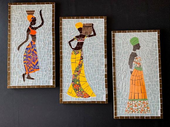 Trio de Quadros em Mosaico Africanas