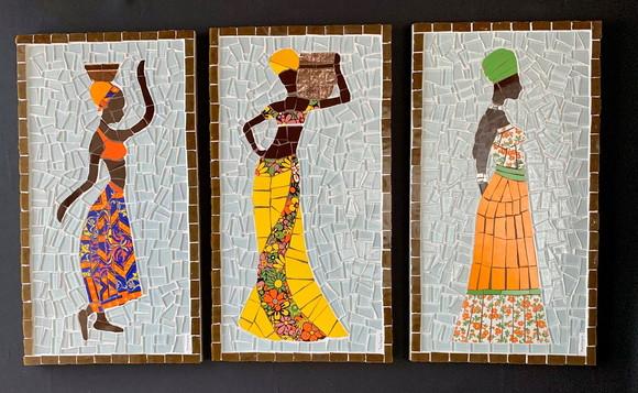 Trio de Quadros em Mosaico Africanas