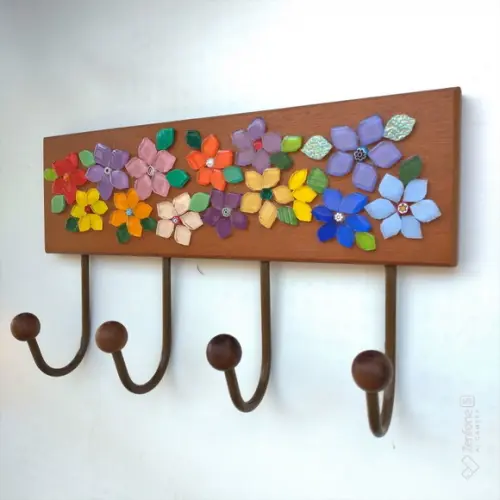 Cabideiro em Mosaico Floral 4 Ganchos