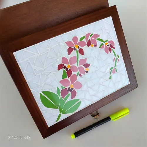 Caixa de Costura em Mosaico Orquídea