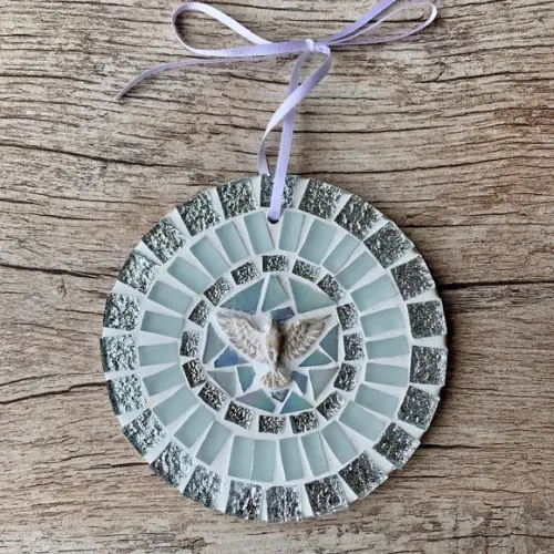 Mini Mandala Divino em Mosaico Branca e Prata