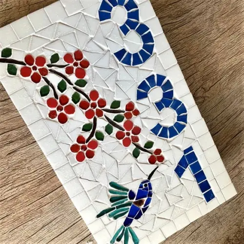 Número para Casa em Mosaico Flores com Beija Flor