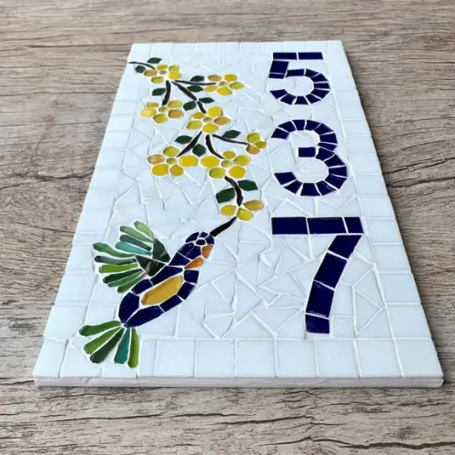 Número para Casa em Mosaico Flores com Beija Flor