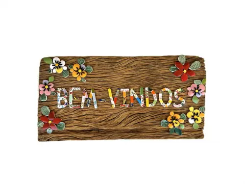 Placa Bem-vindos em Mosaico Madeira de Demolição