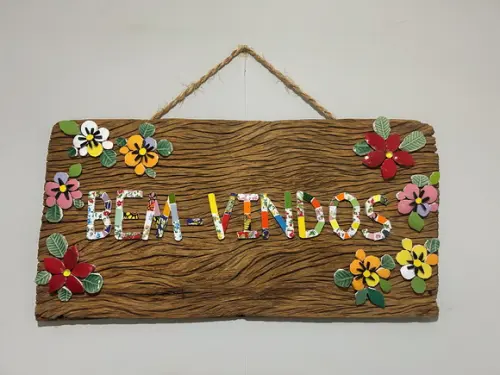 Placa Bem-vindos em Mosaico Madeira de Demolição