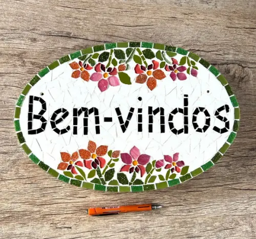 Placa Bem-vindos em Mosaico Orquídeas