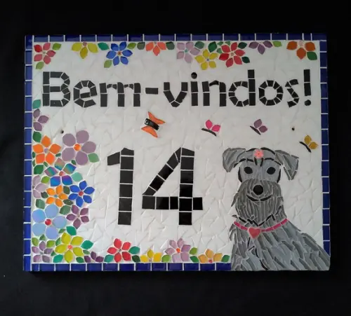 Placa com Número em Mosaico Bem-vindos