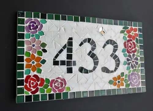 Placa Número para Casa em Mosaico Flores