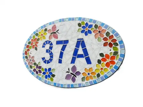 Placa Número para Casa em Mosaico Flores e Borboletas