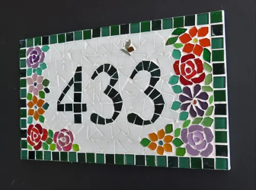 Placa Número para Casa em Mosaico Flores