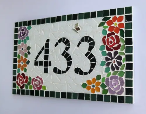 Placa Número para Casa em Mosaico Flores
