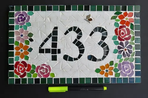 Placa Número para Casa em Mosaico Flores