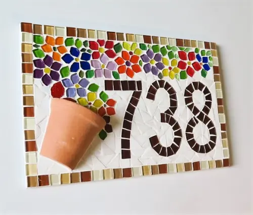 Placa Número para Casa em Mosaico Vaso de Flor